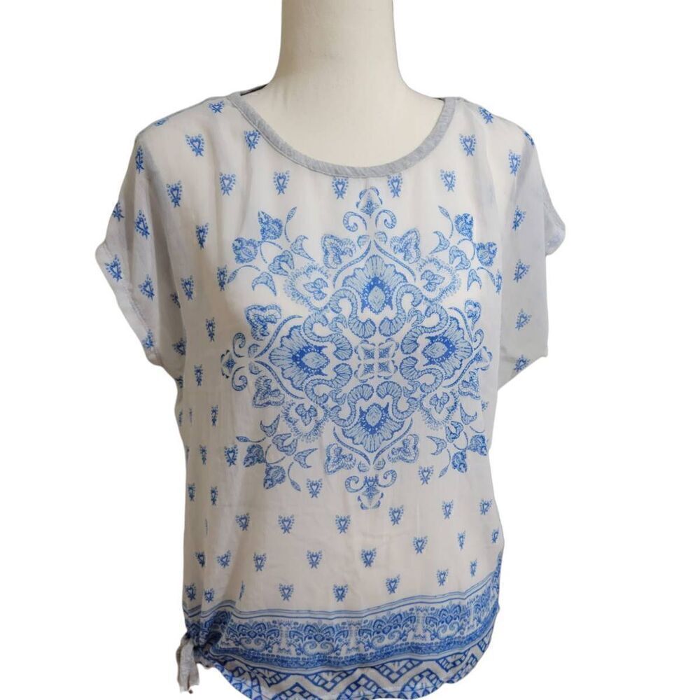 Vince Camuto Floral Boho Sheer Side Tie Blouse Blue, White, Gray Sz L